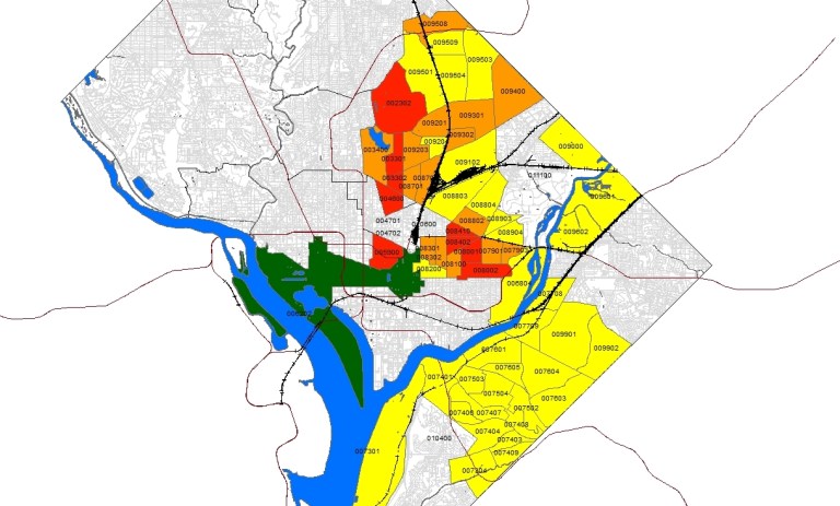 This heat map shows increases in the white population in D.C. Red neighborhoods saw an increase of 20 percent or more, orange areas had increases of 5 to 19 percent, yellow areas had a change of 5 percent or less, light green areas had losses of 5 to 24 percent and dark green neighborhoods had losses of more than 25 percent. Click to see a larger version. (Jennifer Peebles/Examiner)