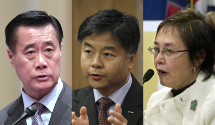 California lawmakers Leland Yee, from left, Ted Lieu and Carol Liu announced they would switch their vote that would have rolled back Prop 209.