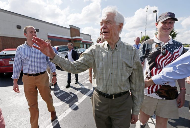 Sen. Thad Cochran, R-Miss., waves to supporters. (AP Photo/Rogelio V. Solis)