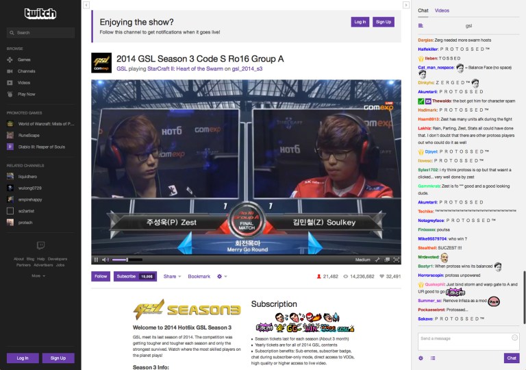This frame grab taken from Twitch.tv shows two gamers competing and a streaming chat, at right, as visitors to the online network watch the two gamers go head-to-head. Twitch's 55 million monthly users viewed more than 15 billion minutes of content on the service in July 2014, making Twitch.tv one of the world's biggest sources of Internet traffic. (AP Photo/Twitch.tv)