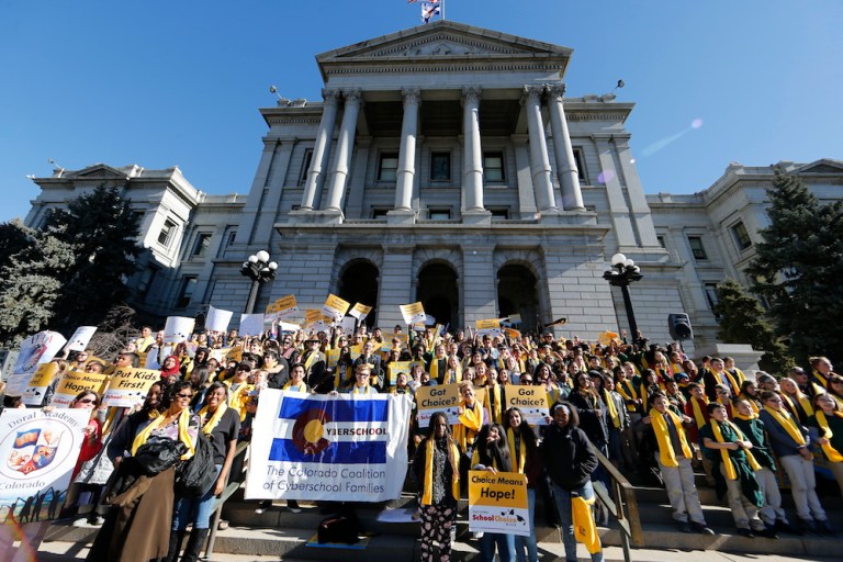 Students in Denver celebrate National School Choice Week on the steps of Colorado's State Capitol building. (Photo By Jack Dempsey/National School Choice Week)