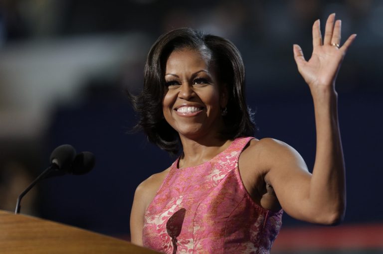 First lady Michelle Obama waves to delegates at the Democratic National Convention. (AP Photo)