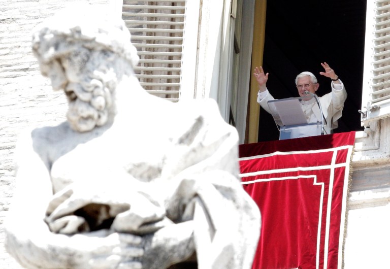   Pope Benedict XVI delivers his blessing during the Angelus prayer from his studio overlooking St. Peter's square at the Vatican, Sunday, June 17, 2012. (AP Photo/Riccardo De Luca)  