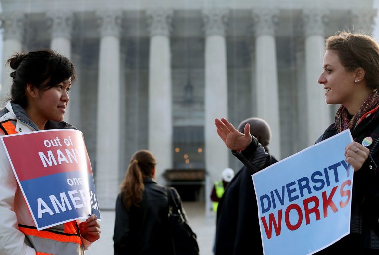 Students protest in front of the U.S. Supreme Court about a ruling on whether a university's consideration of race in admissions is constitutional.Â A Republican is proposing that colleges and universities tell the public how race, color and national origin help or hurt prospective students in the admissions process.Â (Mark Wilson/Getty Images)