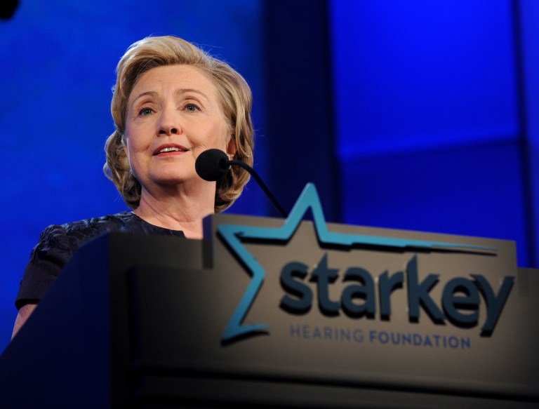 Former U.S. Secretary of State Hillary Clinton speaks at the Starkey Hearing Foundation's 