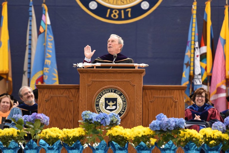 Former New York City Mayor Michael Bloomberg gave the commencement address at the University of Michigan's Class of 2016 graduation inside Michigan Stadium on Saturday, April 30, 2016. (Tanya Moutzalias /The Ann Arbor News — MLive.com Detroit via AP)