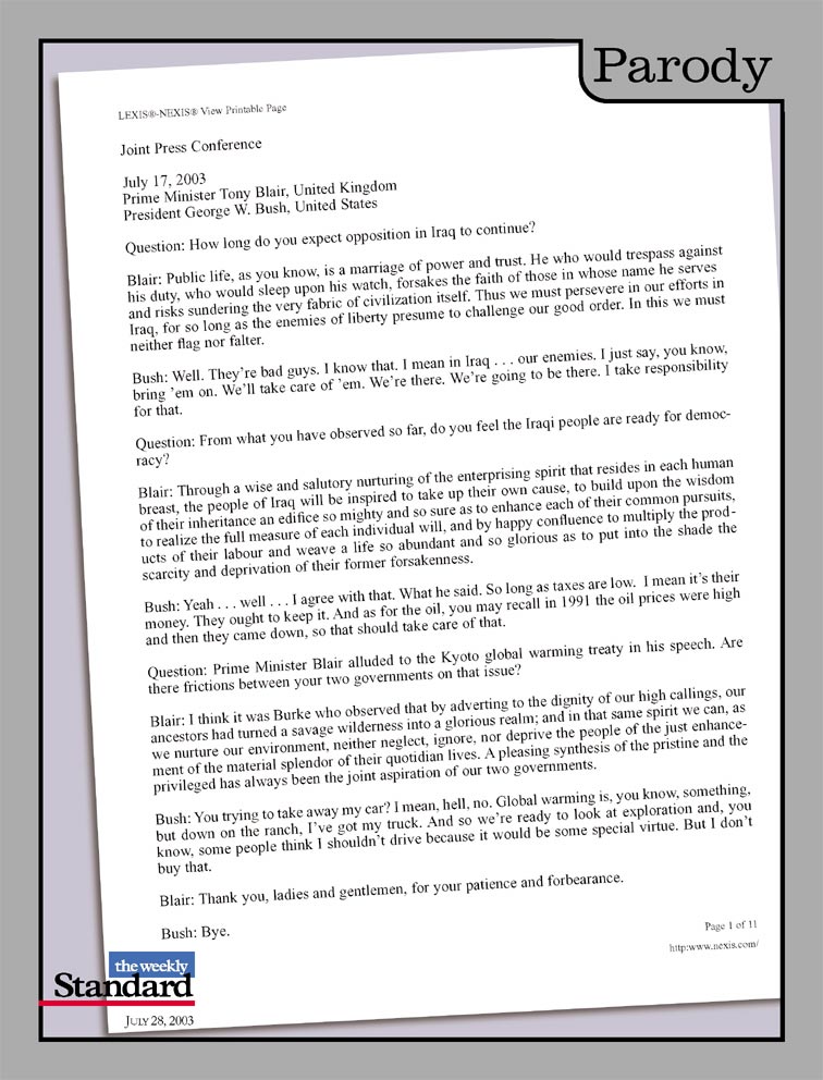 Transcript of the Bush / Blair press conference.