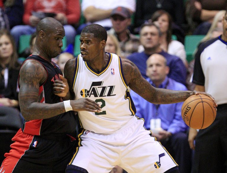   Toronto Raptors guard Mickael Pietrus, left, of France, defends against Utah Jazz forward Marvin Williams (2) in the first quarter during an NBA basketball game, Friday, Dec. 7, 2012, in Salt Lake City. (AP Photo/Rick Bowmer)  