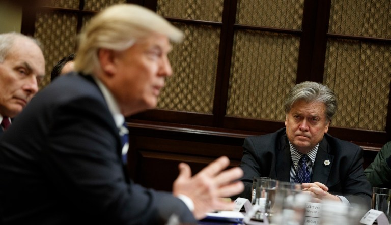 With negotiations over Deferred Action for Childhood Arrivals programs heating up, former White House strategist Steve Bannon has new motivation to undercut President Trump if the latter chooses to appease Democratic leaders on immigration. (AP Photo/Evan Vucci)