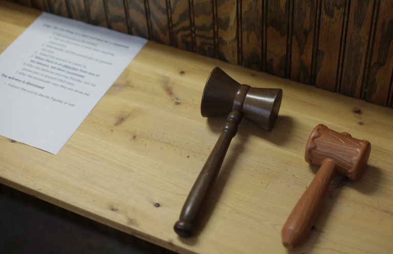 n this Friday, May 3, 2013 photo, a script and gavels are seen in a mock courtroom at the Kerrville State Hospital in Kerrville, Texas. The courtroom is used to run mock trials as a teaching and training tool for patients. (AP Photo/Eric Gay)
