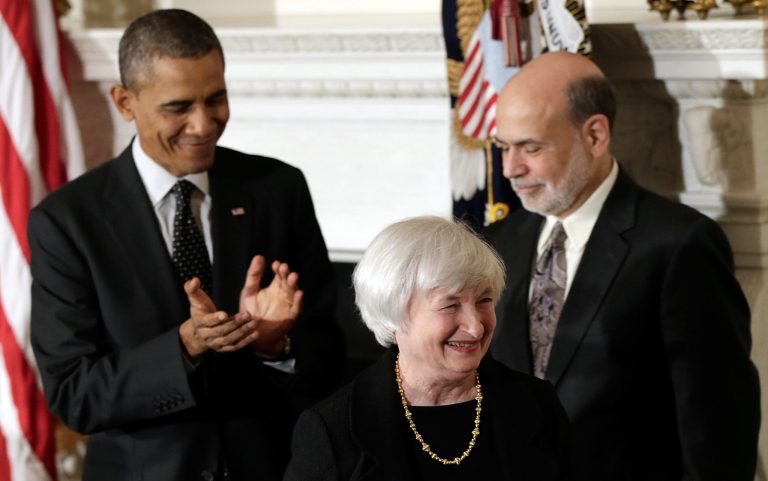 President Obama applauds after Janet Yellen after her nomination in 2013. At right is former Chairman Ben Bernanke. (Getty images/Win McNamee)