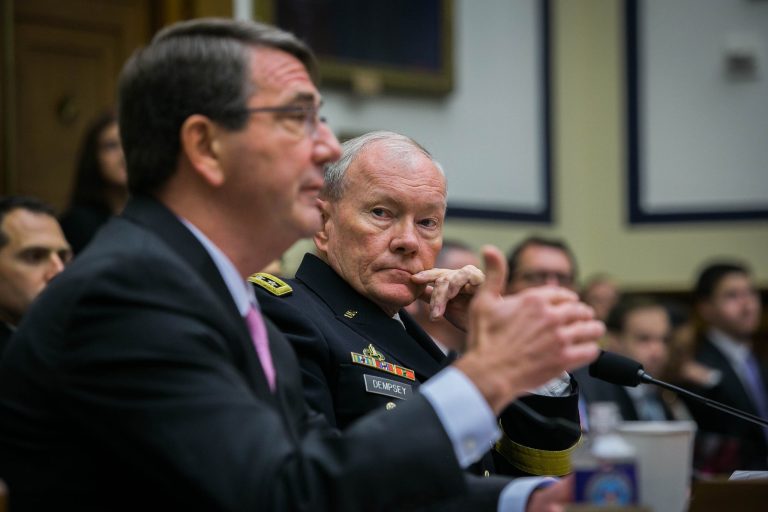 Joint Chiefs of Staff Chairman Gen. Martin Dempsey, right, looks on as Defense Secretary Ashton Carter testifies before the House Armed Services Committee on Capitol Hill in Washington, Wednesday, June 17, 2015, during a hearing on the U.S. policy and strategy in the Middle East. (Graeme Jennings/Washington Examiner)
