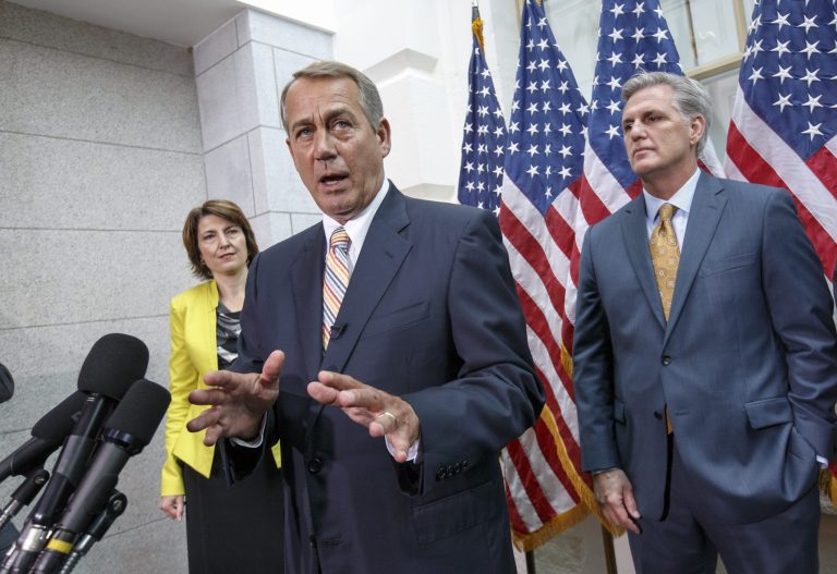 Speaker of the House John Boehner of Ohio, joined by Rep. Cathy McMorris Rodgers, R-Wash., and incoming Majority Leader Rep. Kevin McCarthy, R-Calif., speaks to reporters on Capitol Hill in Washington, Tuesday, July 29, 2014, following a Republican strategy session. Boehner discussed various topics including that he dismisses suggestions that Republicans are planning to impeach President Barack Obama. (AP Photo/J. Scott Applewhite)