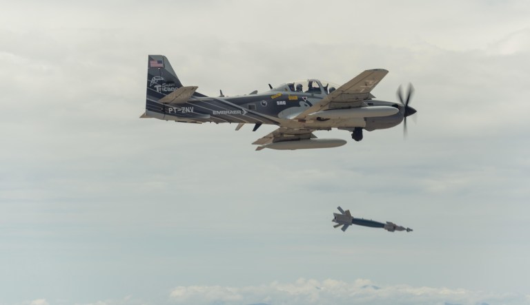 The Embraer EMB 314 Super Tucano A-29 is one of two finalists being considered as a smaller, lower-cost addition to the Air Force's current aircraft lineup. (U.S. Air Force photo by Ethan Wagner)