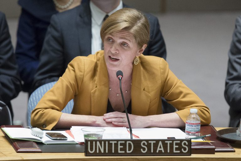 United States U.N. Ambassador Samantha Power speaks during an U.N. Security Council meeting on the Ukraine crisis, Thursday, March 13, 2014, at United Nations headquarters. (AP Photo/John Minchillo)