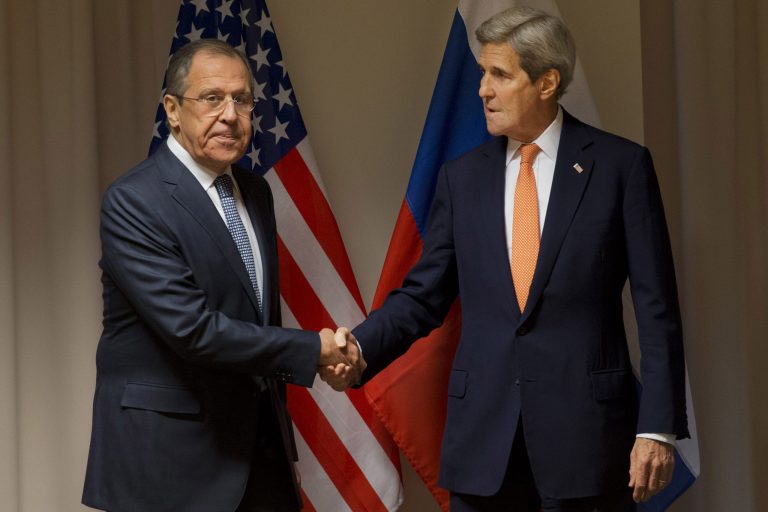 The State Department on Wednesday called on Russia to honor its prior commitments and stop bombing Syrian civilians. above, Secretary of State John Kerry, right, shakes hands with Russian Foreign Minister Sergey Lavrov. (AP Photo/Jacquelyn Martin, Pool)