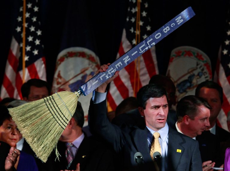 RICHMOND, VA - NOVEMBER 03: Republican Attorney General-elect of Virginia Ken Cuccinelli holds up a broom to represent a clean sweep, during a victory party for Governor-elect Bob McDonnell of Virginia on November 3, 2009 in Richmond, Virginia. McDonnell beat out Democratic challenger Creigh Deeds in Virginia's gubernatorial race today.   (Photo by Mark Wilson/Getty Images)