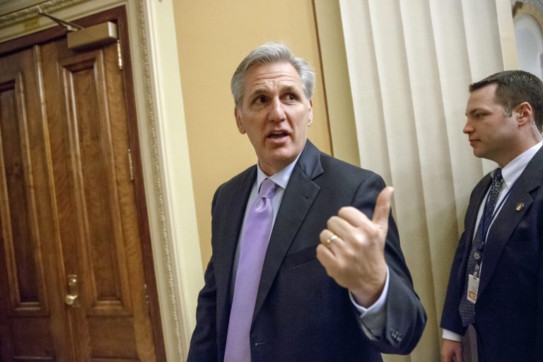 House Majority Leader Kevin McCarthy of Calif., departs an orientation luncheon for newly-elected GOP members of the House, on Capitol Hill in Washington, Monday, Nov. 17, 2014. (AP Photo/J. Scott Applewhite)