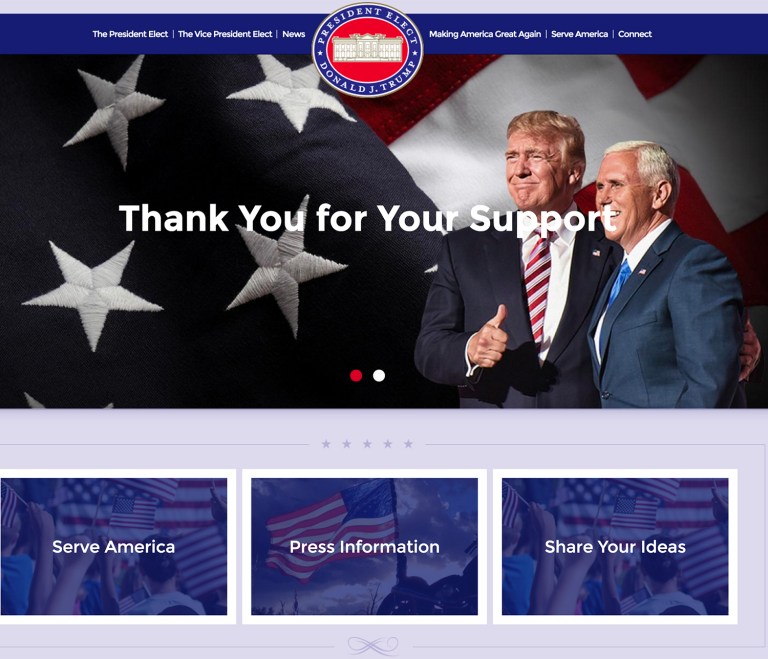 President-elect Trump's transition team set up a federal website where people interested in jobs at the White House could submit their resumes or share their ideas for government programs. (Screenshot)