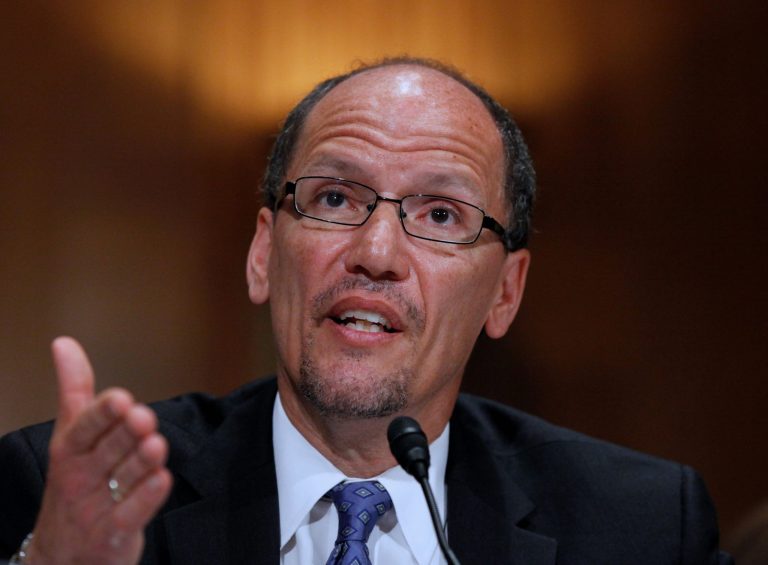   FILE - This April 18, 2013 file photo shows Labor Secretary nominee Thomas Perez testifying on Capitol Hill in Washington. Perez says recent fast food worker strikes are another sign of the need to raise the minimum wage for all workers. Perez says he is taking a lead role in President Barack Obama's push to boost the federal minimum from $7.25 to $9 an hour. Congress has not acted on Obamaâs proposal. (AP Photo/Molly Riley, File)  
