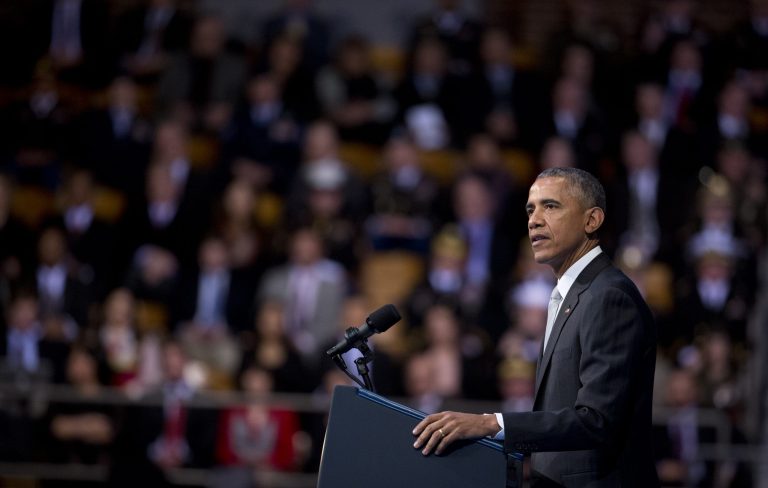President Obama, speaks during the farewell tribute in honor of outgoing Defense Secretary Chuck Hagel, at Fort Myer-Henderson Hall in Fort Myer, Va., Wednesday, Jan. 28, 2015. (AP Photo/Manuel Balce Ceneta)