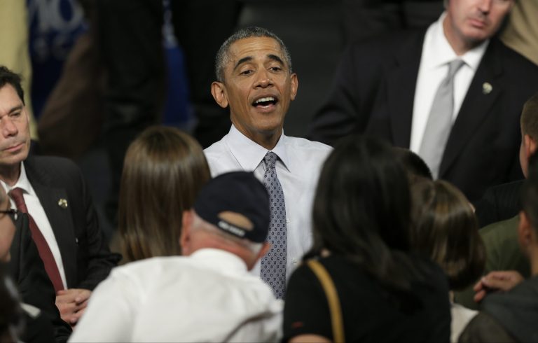President Obama greets supporters following a town hall meeting, Monday, Sept. 14, 2015, at North High School in Des Moines, Iowa. (AP Photo/Charlie Neibergall)