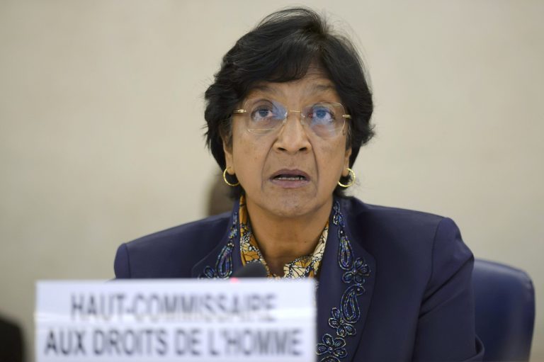 UN High Commissioner for Human Rights, South African Navi Pillay, addresses the United Nations Human Rights Council at the UN headquarters in Geneva, Switzerland, Wednesday, July 23, 2014. Pillay opened an emergency debate in the 47-nation U.N. Human Rights Council with an assessment that around three-quarters of the 650 Palestinians and 31 Israelis killed in the conflict were civilians, and thousands more have been injured. (AP Photo/Keystone, Martial Trezzini)