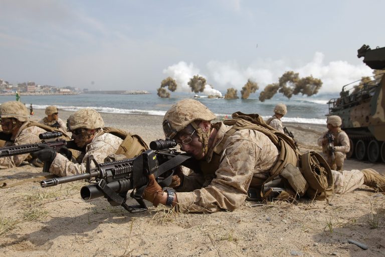 U.S. Marines from 3rd Marine Expeditionary Force, Battalion landing team deployed from Okinawa, Japan participate in the U.S. and South Korean Marines joint landing operation at Pohang seashore on March 31, 2014 in Pohang, South Korea. (Photo by Chung Sung-Jun/Getty Images)