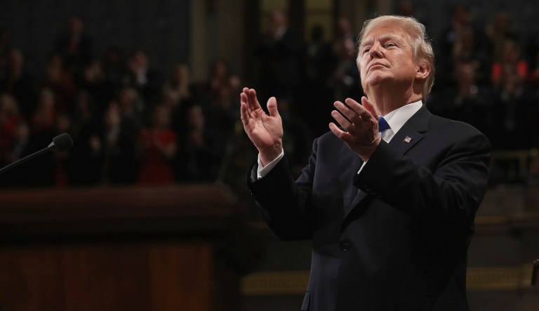 Forty-two percent of Americans gave President Trump a positive approval rating in the new survey, which was released a day after he received high marks for his first State of the Union address Tuesday night. (Win McNamee/Pool via AP)