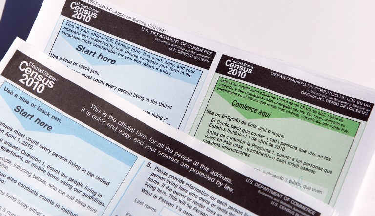 Copies of the 2010 Census forms shown during a news conference Monday, March 15, 2010, in Phoenix. (AP Photo/Ross D. Franklin)