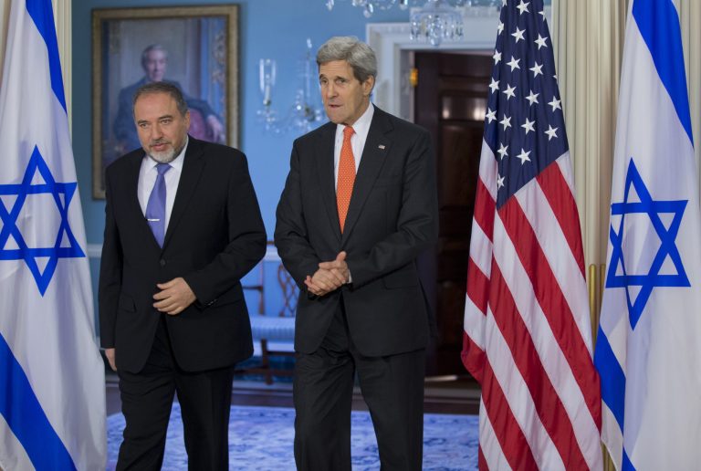 Secretary of State John Kerry and Israeli Foreign Minister Avigdor Liebermann, walks towards the Treaty Room, Wednesday, April 9, 2014, at the State Department in Washington. (AP Photo/Manuel Balce Ceneta)