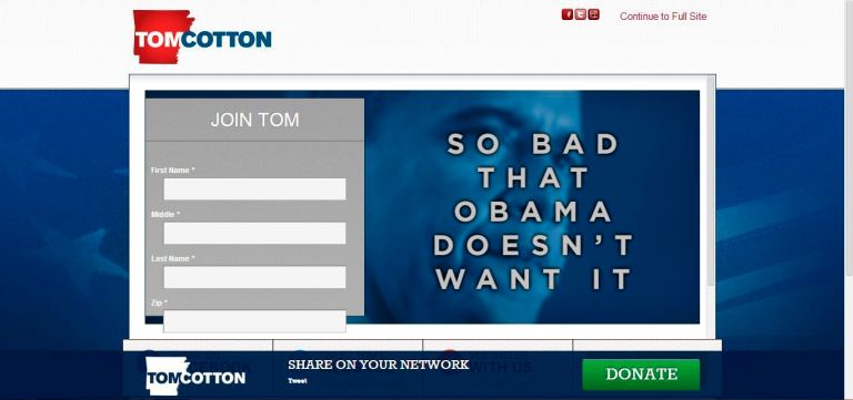Sen. Mark Pryor's campaign tried to create a site to criticize his opponent, Rep. Tom Cotton, but the website Pryor promoted was bought by Cotton's campaign and redirects to his campaign website.