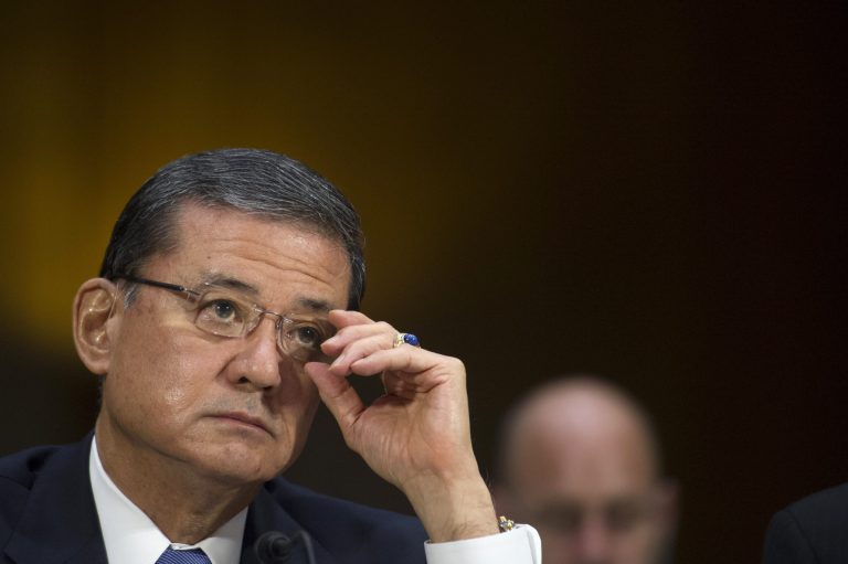 Veterans Affairs Secretary Eric Shinseki testifies on Capitol Hill on Thursday before the Senate Veterans Affairs Committee hearing to examine the state of Veterans Affairs health care. (AP/Cliff Owen)