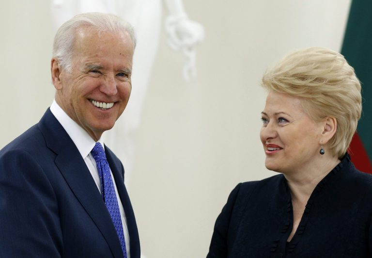 Vice President Joe Biden, left, and  Lithuania's President Dalia Grybauskaite speak prior to their meeting at the Presidential Palace in Vilnius, Lithuania, Wednesday, March 19, 2014. Biden arrived in Vilnius for consultations with Grybauskaite and Latvia's President Andris Berzins, a few hours after Russian President Vladimir Putin approved a draft bill for the annexation of Crimea, one of a flurry of steps to formally take over the Black Sea peninsula. (AP Photo/Mindaugas Kulbis)