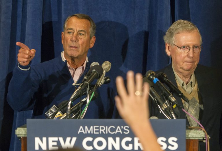 GOP leaders House Speaker John Boehner, left, and Senate Majority Leader Mitch McConnell meet with the press at the GOP retreat at the Hershey Lodge in Hershey, Pa., on Thursday. (AP Photo/PennLive.com, Mark Pynes)