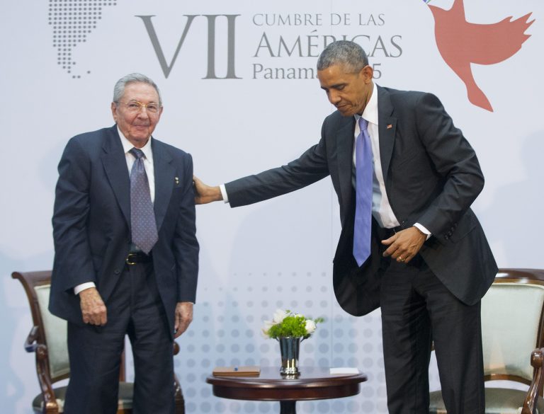 President Barack Obama with Cuban President Raul Castro during their meeting at the Summit of the Americas in Panama City, Panama, Saturday, April 11, 2015. The leaders of the United States and Cuba held their first formal meeting in more than half a century on Saturday, clearing the way for a normalization of relations that had seemed unthinkable to both Cubans and Americans for generations. (AP Photo)