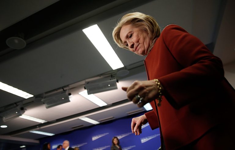 Former U.S. Secretary of State Hillary Clinton walks offstage to greet members of the audience after speaking at the Center for American Progress March 23, 2015 in Washington, DC. (Photo by Win McNamee/Getty Images)