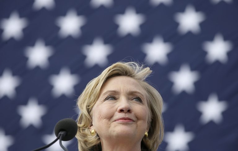 This photo taken Sept. 14, 2014 shows former Secretary of State Hillary Clinton speaking at the annual fundraising Steak Fry in Indianola, Iowa. (AP Photo/Charlie Neibergall)