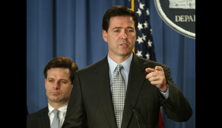 Then-Deputy Attorney General James Comey, right, with Christopher A. Wray, Assistant Attorney General of the Criminal Division in 2004. President Trump nominated Wray to become the FBI director. (AP Photo/Lawrence Jackson)