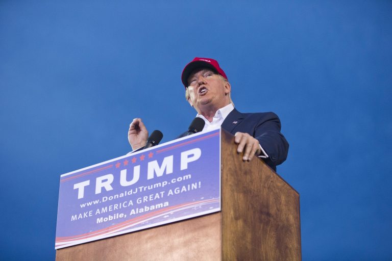 Republican presidential candidate Donald Trump speaks during a campaign rally in Mobile, Ala., on Friday, Aug. 21, 2015. (AP Photo/Brynn Anderson)