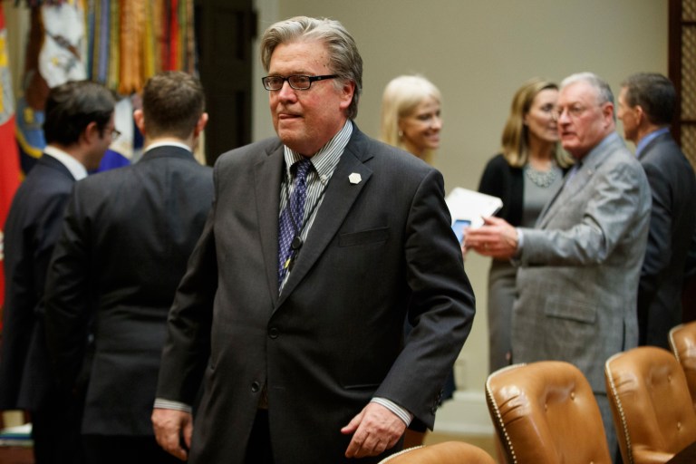 Leaders of the three major ethnic caucuses on Capitol Hill wrote President Trump demanding he remove chief strategist Steve Bannon from the National Security Council. (AP Photo/Evan Vucci)