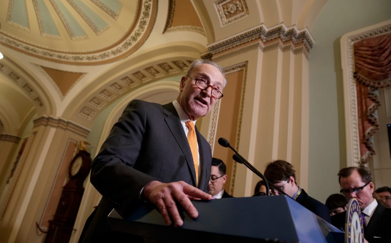 Senate Minority Leader Charles Schumer of N.Y. meets with reporters on Capitol Hill in Washington, Tuesday, Feb. 14, 2017. Democrats are calling for an investigation into President Donald Trump's relationship with Russia, including when Trump learned that his ousted national security adviser, Michael Flynn, had discussed U.S. sanctions with a Russian diplomat.(AP Photo/J. Scott Applewhite)