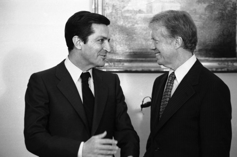 FILE- This is a Jan. 14, 1980 file photo of Spain's Prime Minister Adolfo Suarez , left, as he meets with U.S. President Jimmy Carter at the White House in Washington. Suarez  Spain's first democratically-elected prime minister after decades of right-wing rule under Gen. Francisco Franco, died Sunday March 23, 2014. Suarez was 81-years-old.  (AP Photo/Dennis Cook)