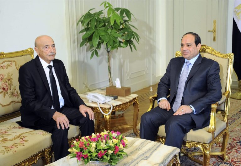 In this photo provided by Egypt's state news agency MENA, speaker of the Libyan Parliament Ageila Saleh Eissa, left, meets Egyptian President Abdel-Fattah el-Sissi at the presidential palace in Cairo, Egypt, Tuesday, Aug. 26, 2014. A delegation of Libyan officials are visiting Egypt amid increasing fears among Libya's neighbors and Western countries that the North African nation is sliding deeper into turmoil, particularly after mysterious airstrikes against Islamist militias prompted allegations that outside powers were trying to swing the fight. (AP Photo/Fady Fares, MENA)