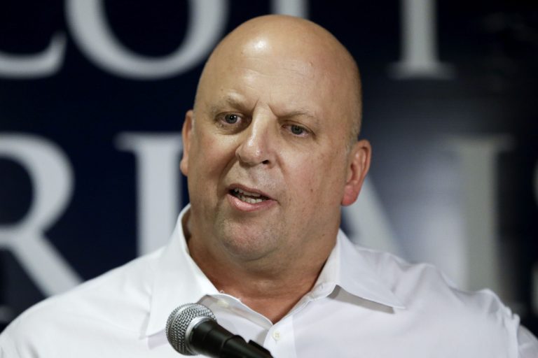Rep. Scott DesJarlais, R-Tenn., speaks to supporters, late Thursday, Aug. 7, 2014, in South Pittsburg, Tenn. (AP Photo/Mark Humphrey)