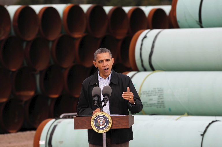 President Obama speaks at the southern site of the Keystone XL pipeline on March 22, 2012 in Cushing, Oklahoma. (Photo by Tom Pennington/Getty Images)