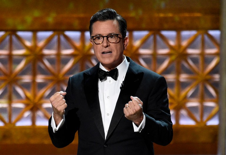 Host Stephen Colbert speaks at the 69th Primetime Emmy Awards on Sunday, Sept. 17, 2017, at the Microsoft Theater in Los Angeles. (Photo by Chris Pizzello/Invision/AP)