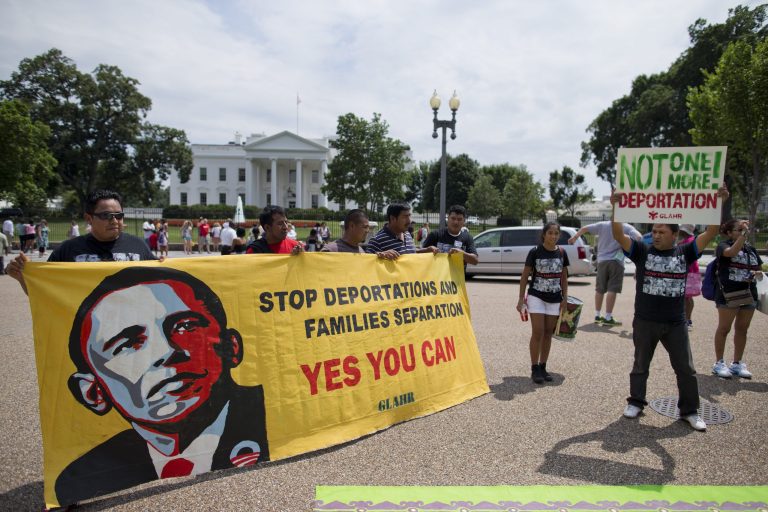 Demonstrators rally in front of the White House in Washington, Wednesday, July 24, 2013, calling for immigration reform. A new poll published by the Partnership for a New American Economy, a center-left group, said 71 percent of Americans support immigration reform. (AP Photo/Evan Vucci)