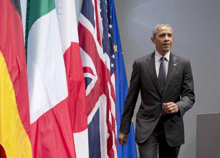 President Obama arrives to speak at a news conference at the G-7 summit in Germany. (AP Photo/Carolyn Kaster)