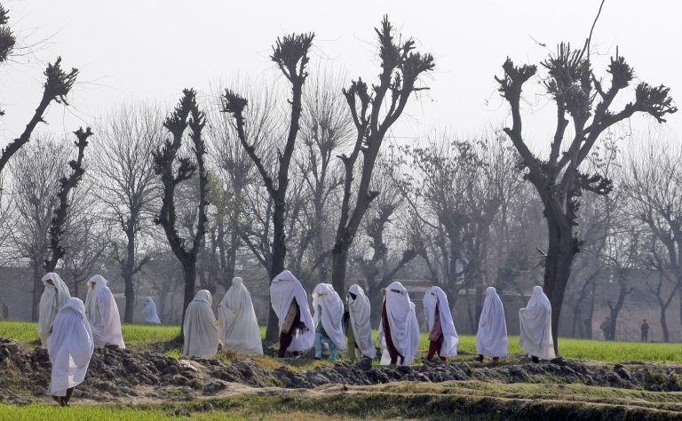 Pakistani women walk near the the outskirts of Peshawar, Wednesday, Feb. 12, 2014. (AP Photo/Mohammad Sajjad)